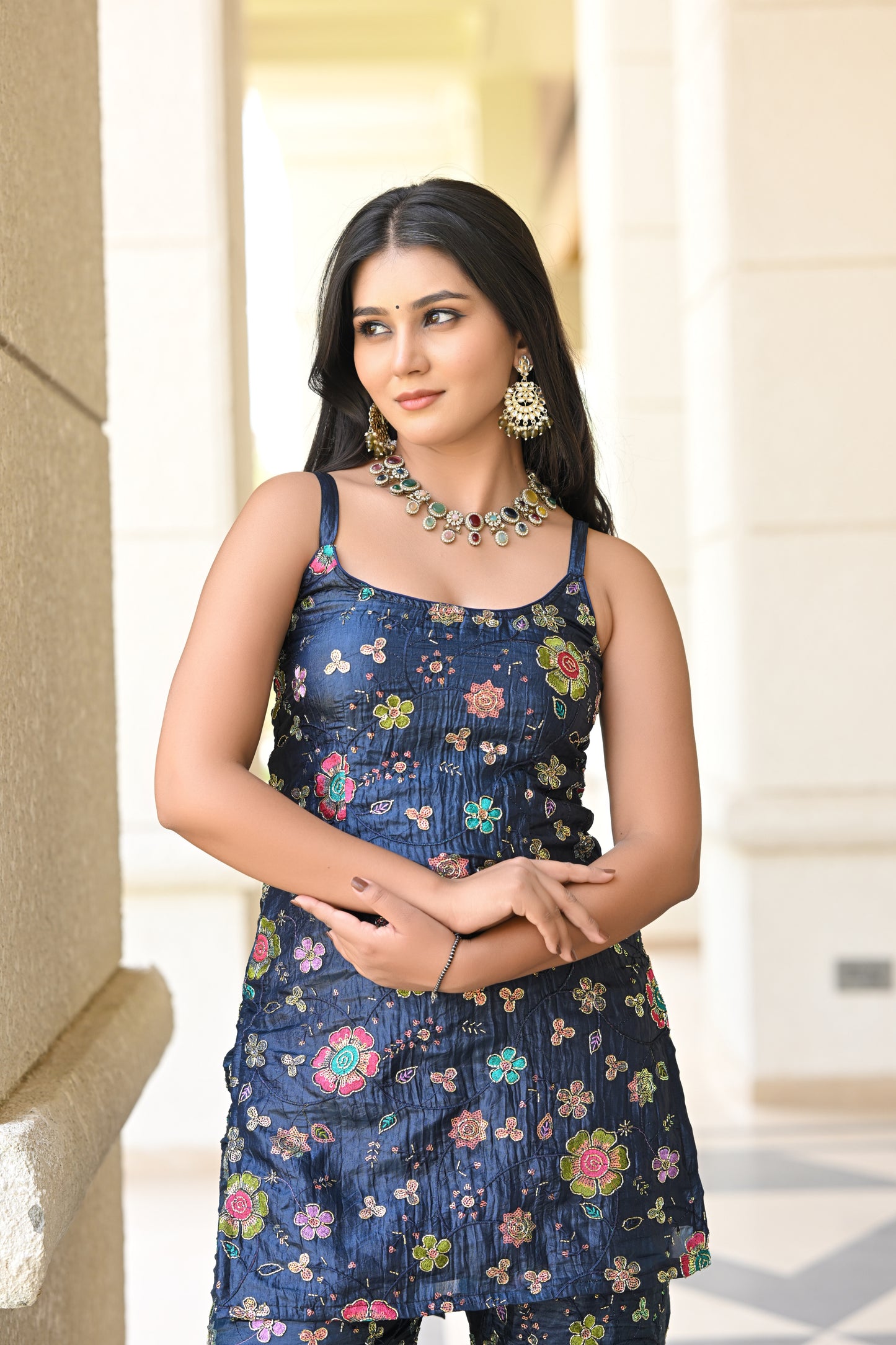 Navy Blue Multicolor Floral Embroidered Garara