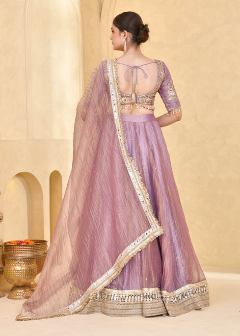 Mauve Purple Hand-Embroidered Tissue Lehenga