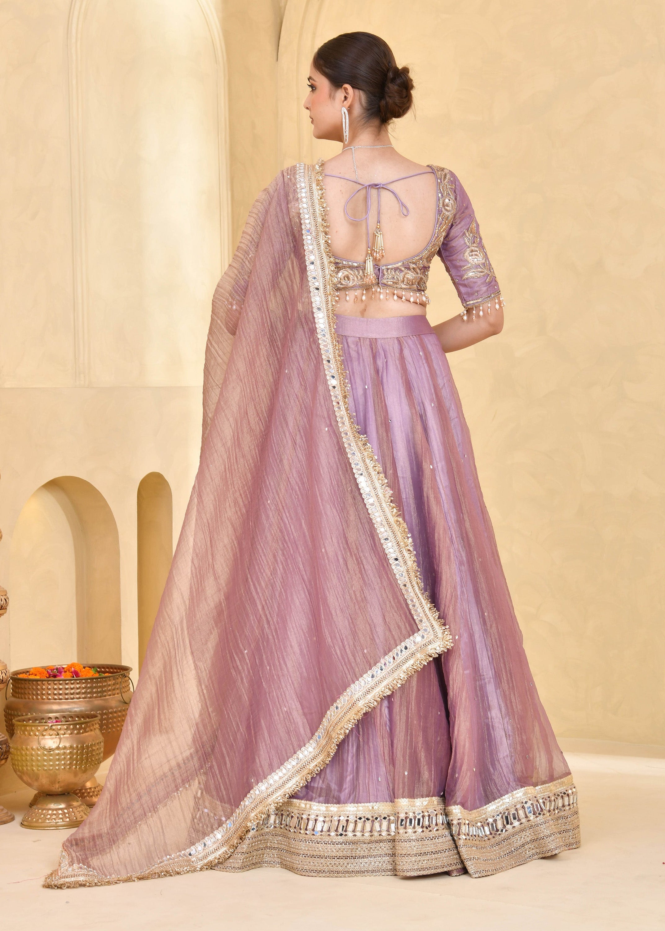 Mauve Purple Hand-Embroidered Tissue Lehenga