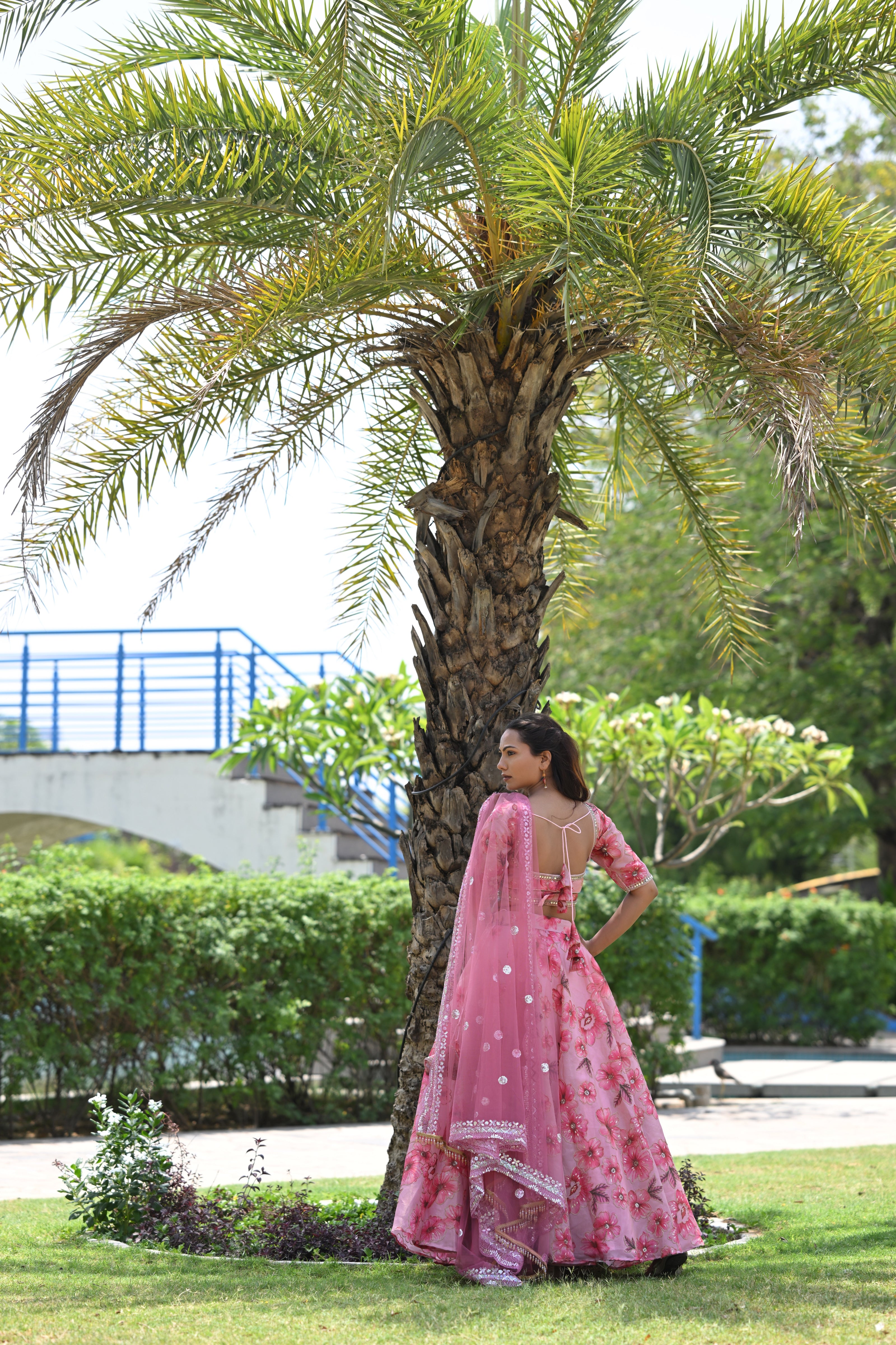 Pink Multicolor Floral Embellished Organza Lehenga