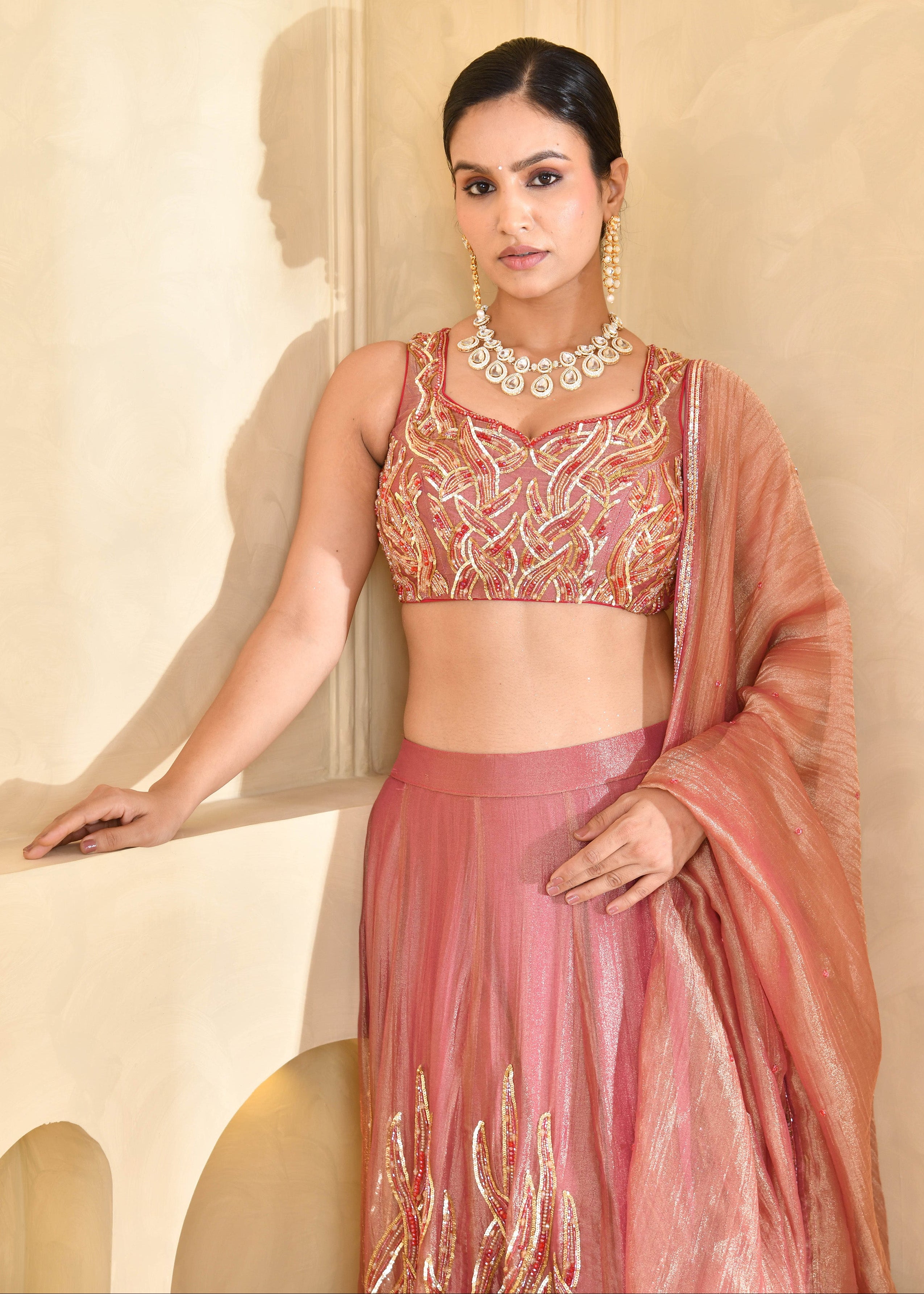 Rust Peach Hand-Embroidered Tissue Lehenga