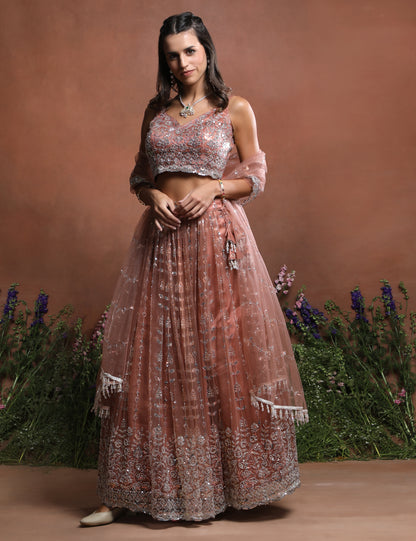 Sleeveless Peach Sparkle Embroidered Net Lehenga