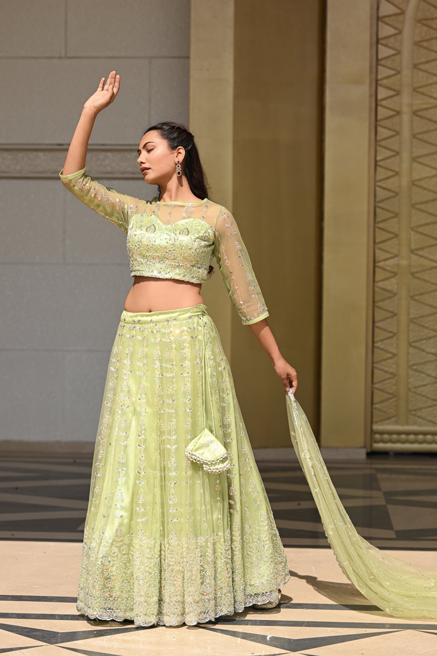 Light Pastel Green Sparkle Embroidered Net Lehenga