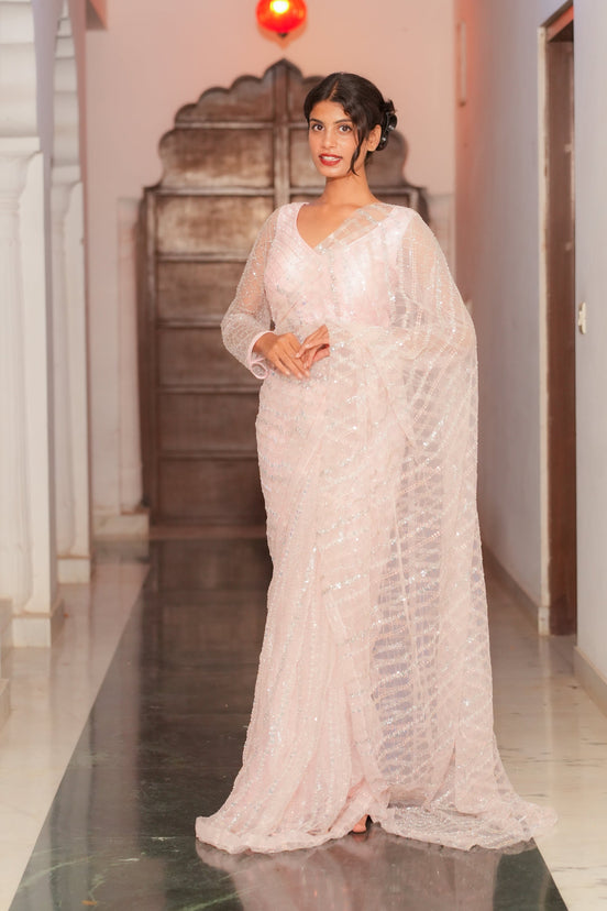 Light Pink Hand Embroidered Net Saree