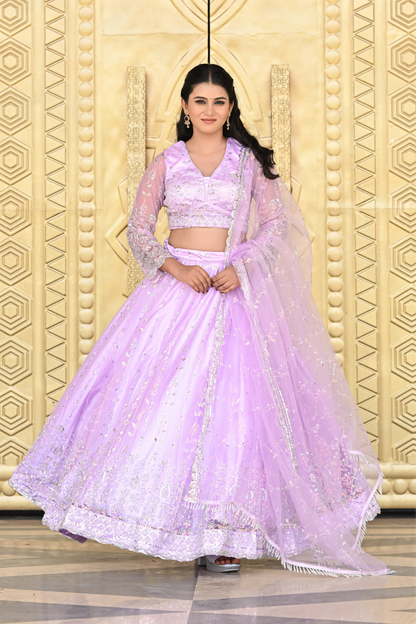 Lavender Pink Sparkle Embroidered Net Lehenga