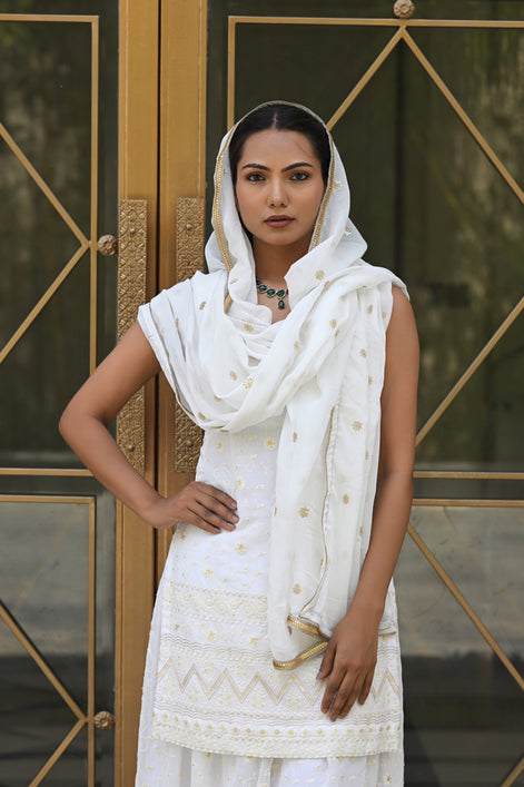 White and Gold Patterned Embroidered Sharara