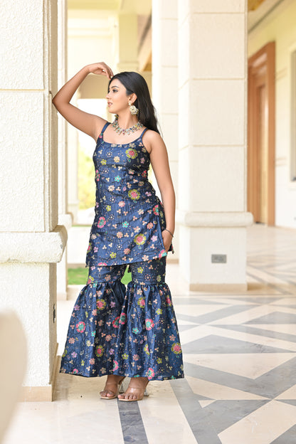 Navy Blue Multicolor Floral Embroidered Garara