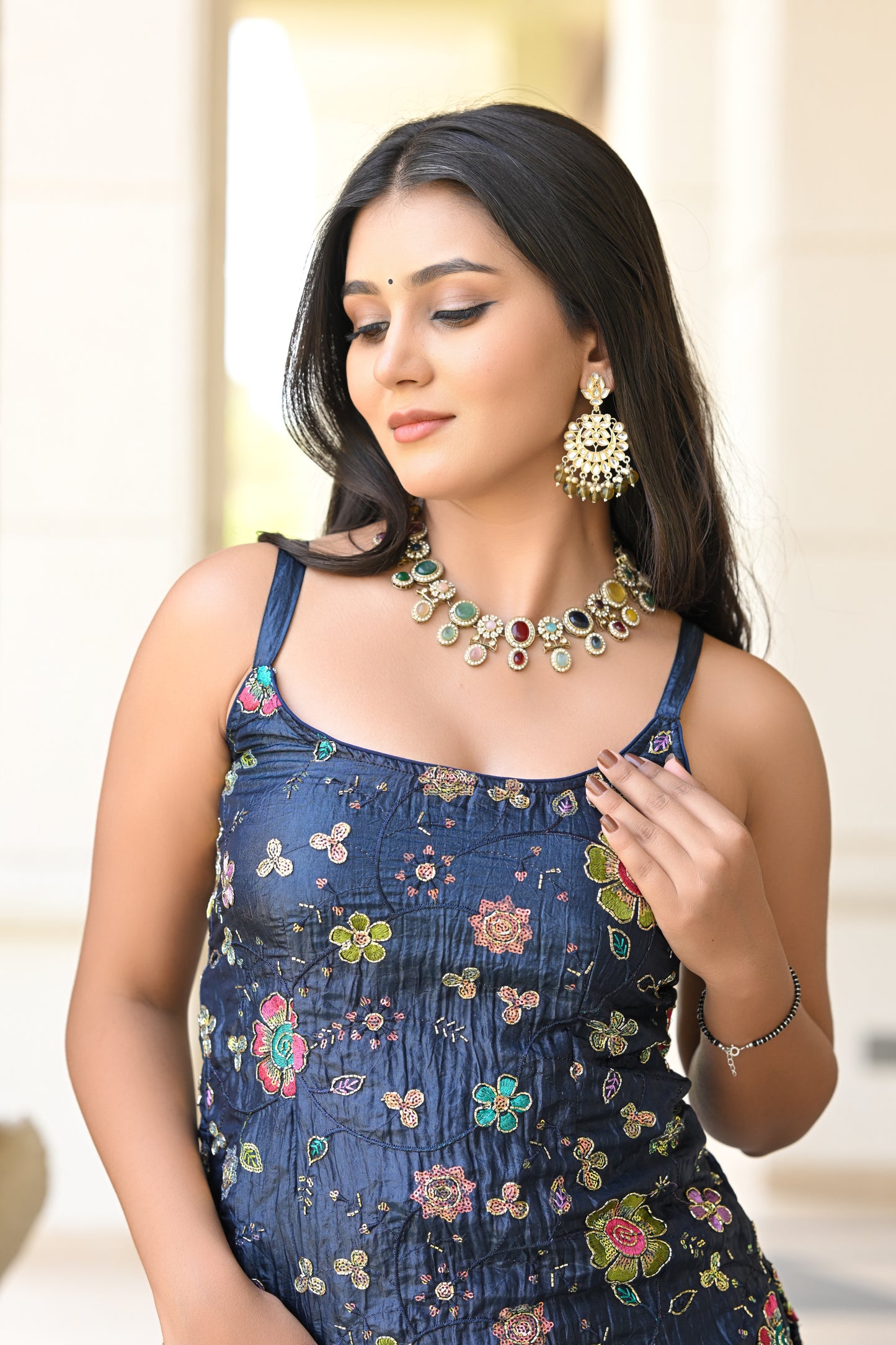 Navy Blue Multicolor Floral Embroidered Garara