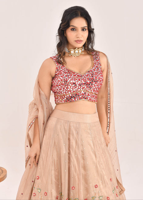 Gold and Red Embroidered Raw Tissue Lehenga