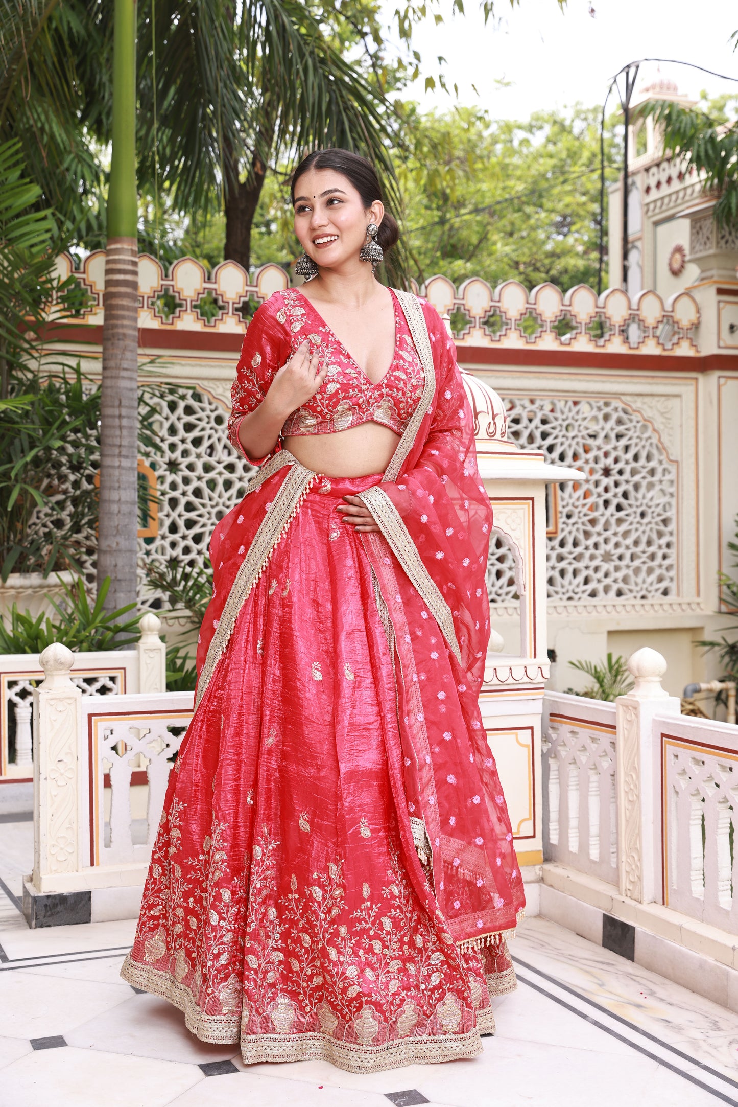 Red Floral Embroidered Raw Silk Lehenga