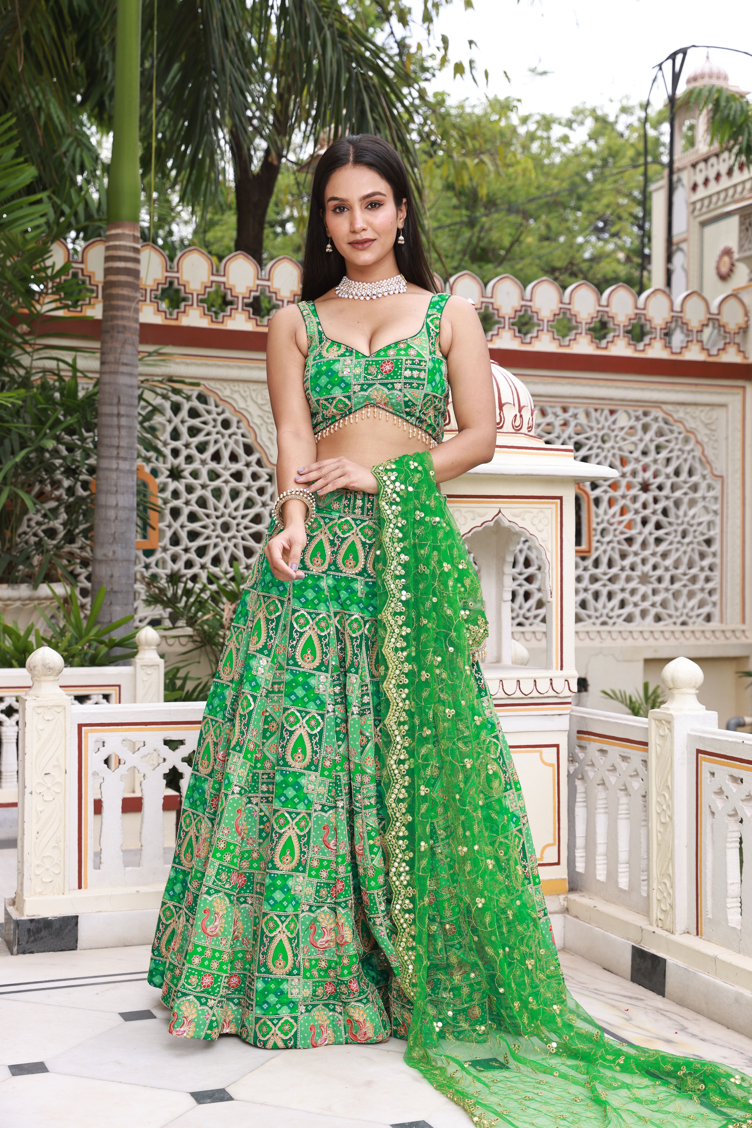 Kelly Green Embroidered Silk Lehenga