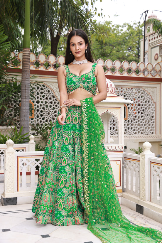 Kelly Green Embroidered Silk Lehenga