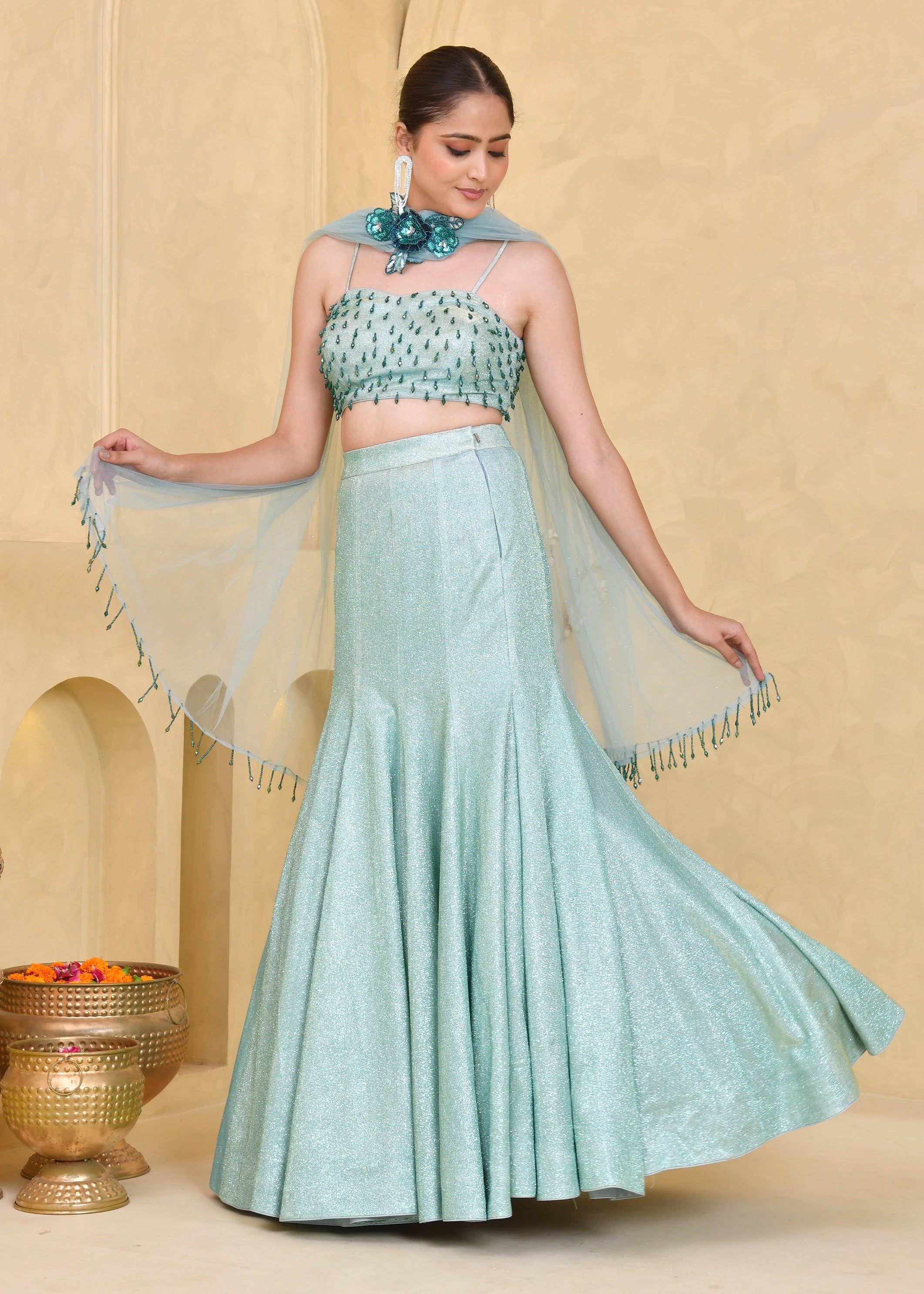 Mint Green Hand-Embroidered Shimmer Lycra Fishcut Lehenga