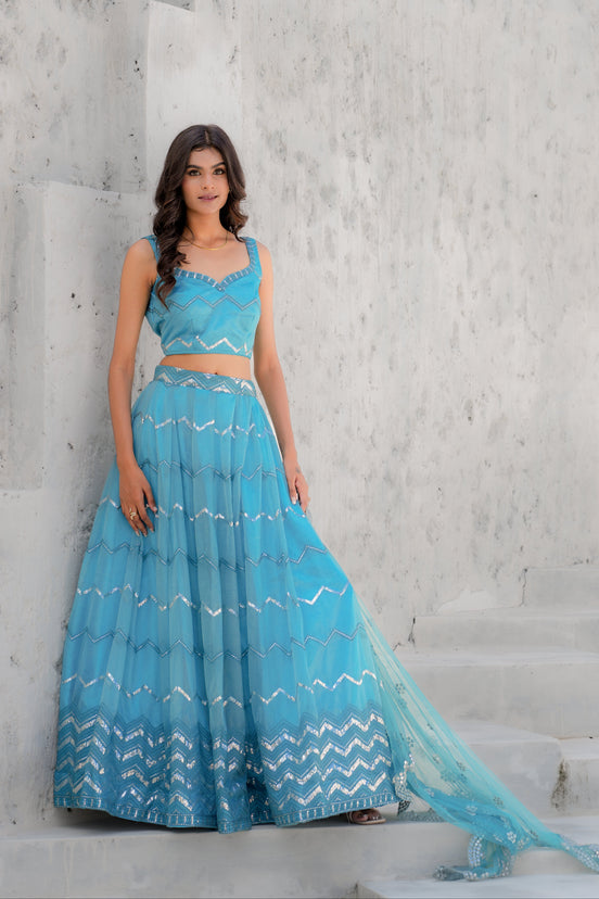Sky Blue Embroidered Chiffon Lehenga