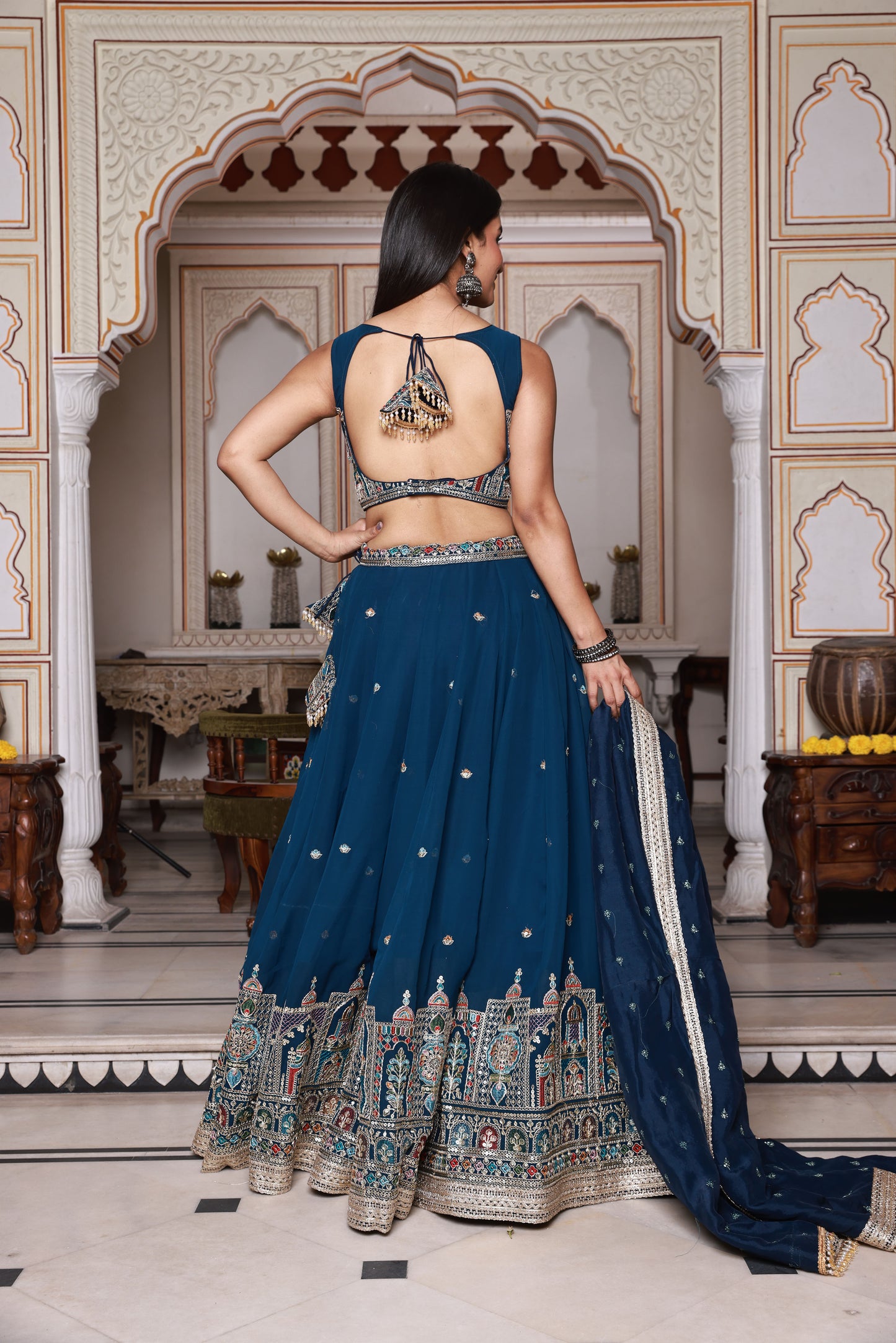 Navy Blue Embroidered Georgette Lehenga