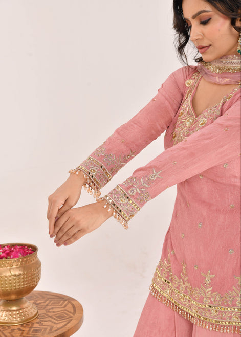 Dusty Peach Embroidered Satin Sharara Suit