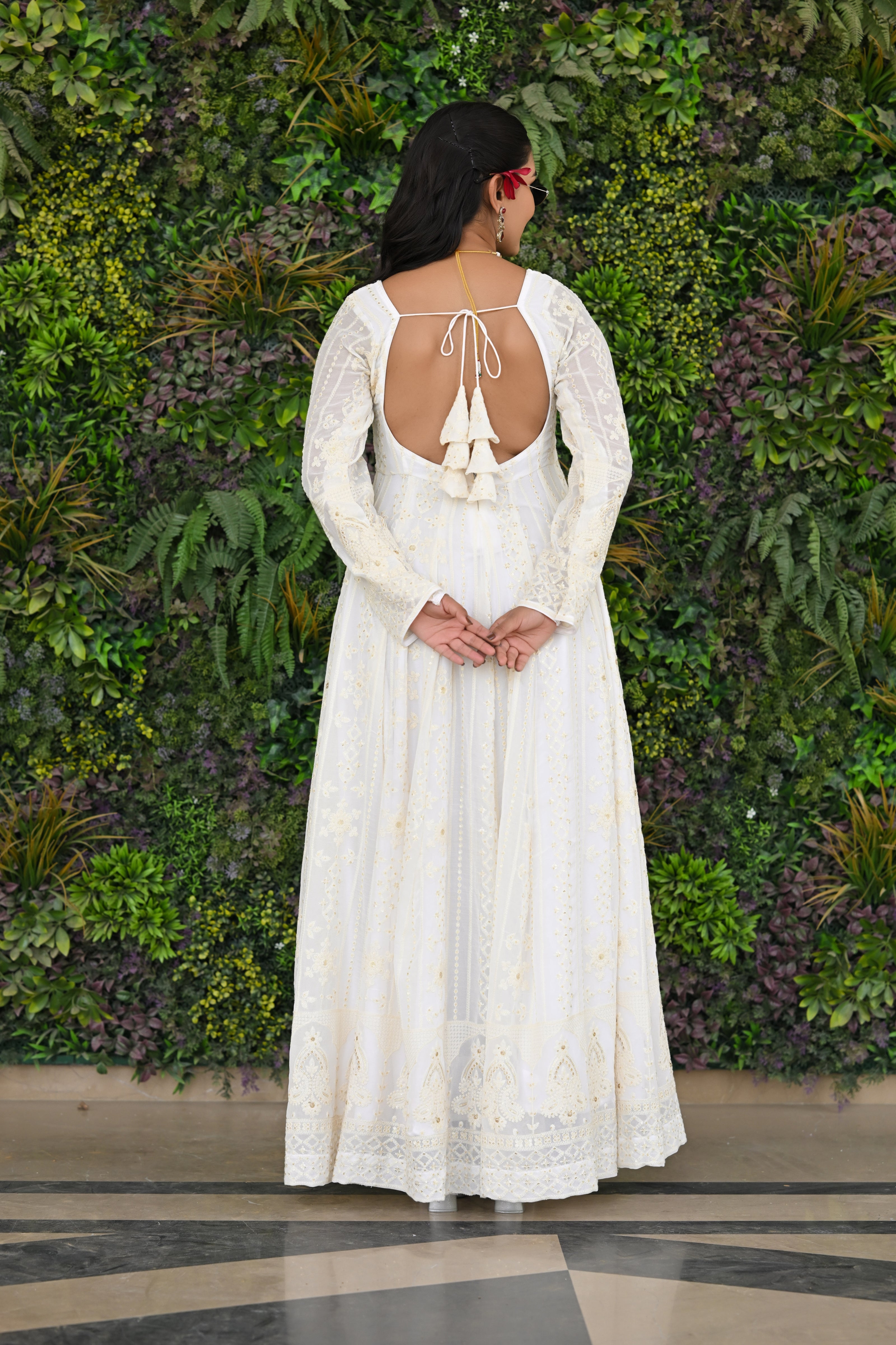 White and Beige Thread Embroidered Georgette Anarkali