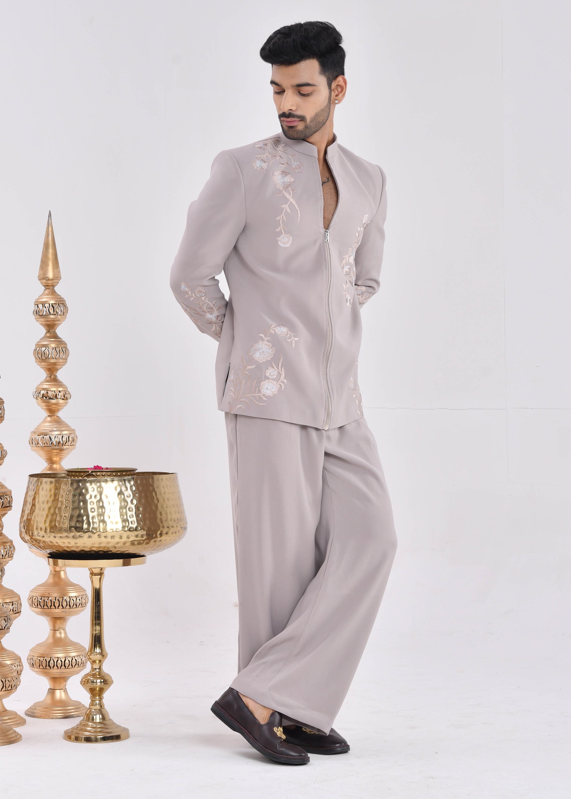Taupe Embroidered Crepe Bandhgala Indo-Western Suit