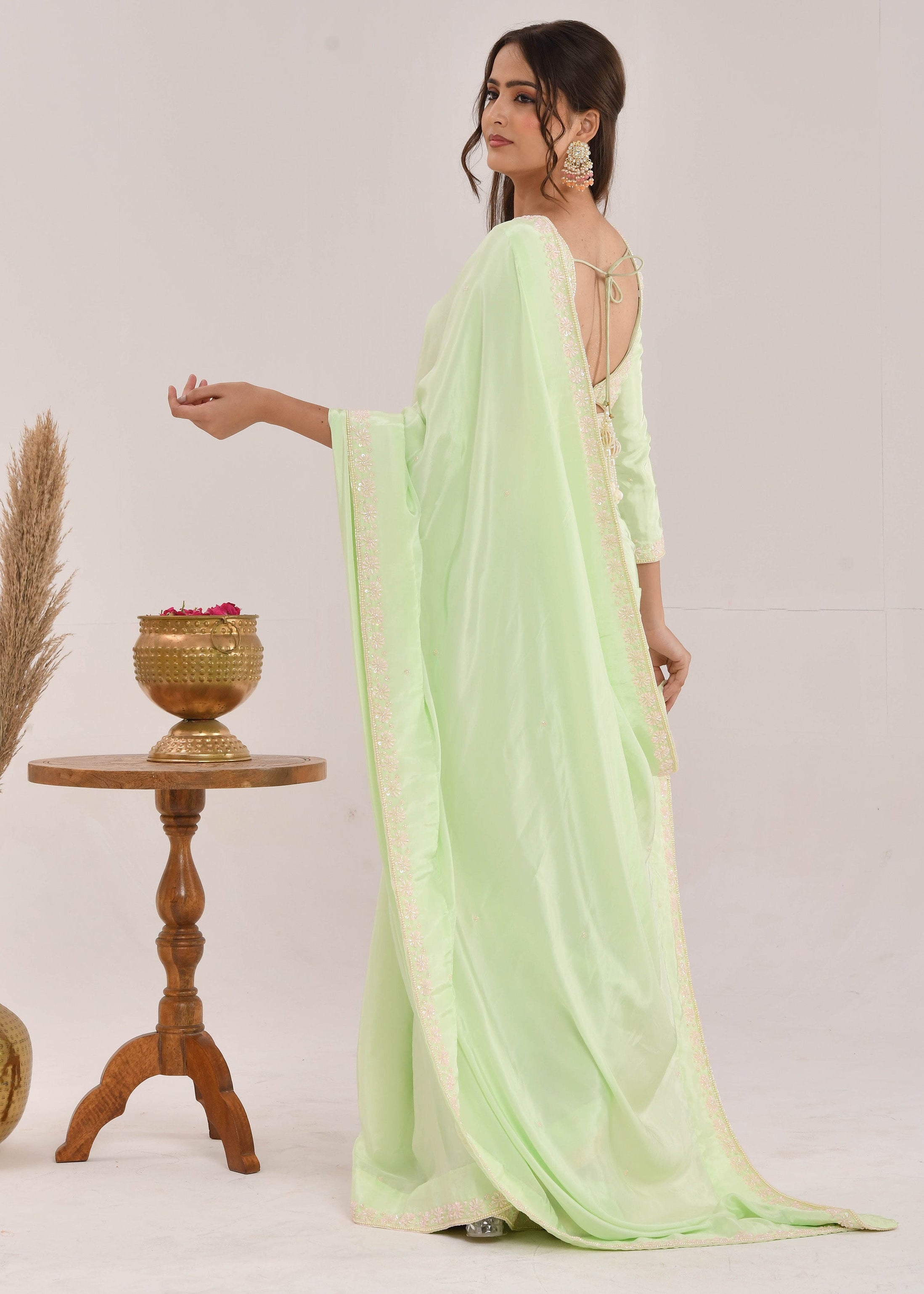 Mint Green Hand-Embroidered Georgette Saree
