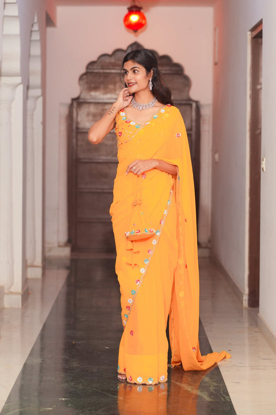 Orange Hand Embroidery Georgette Saree