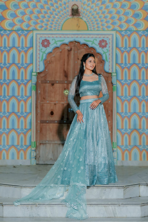 Light Blue Embroidered Chiffon Lehenga