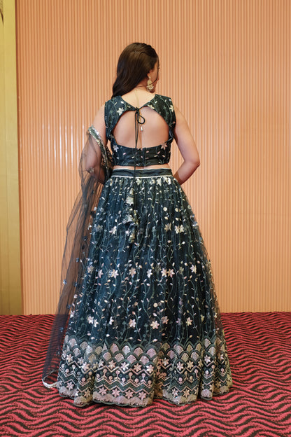 Dark Teal Sparkle Embroidered Net Lehenga