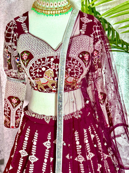 Deep Maroon Pure Georgette Lehenga with Intricate White & Gold Embroidery