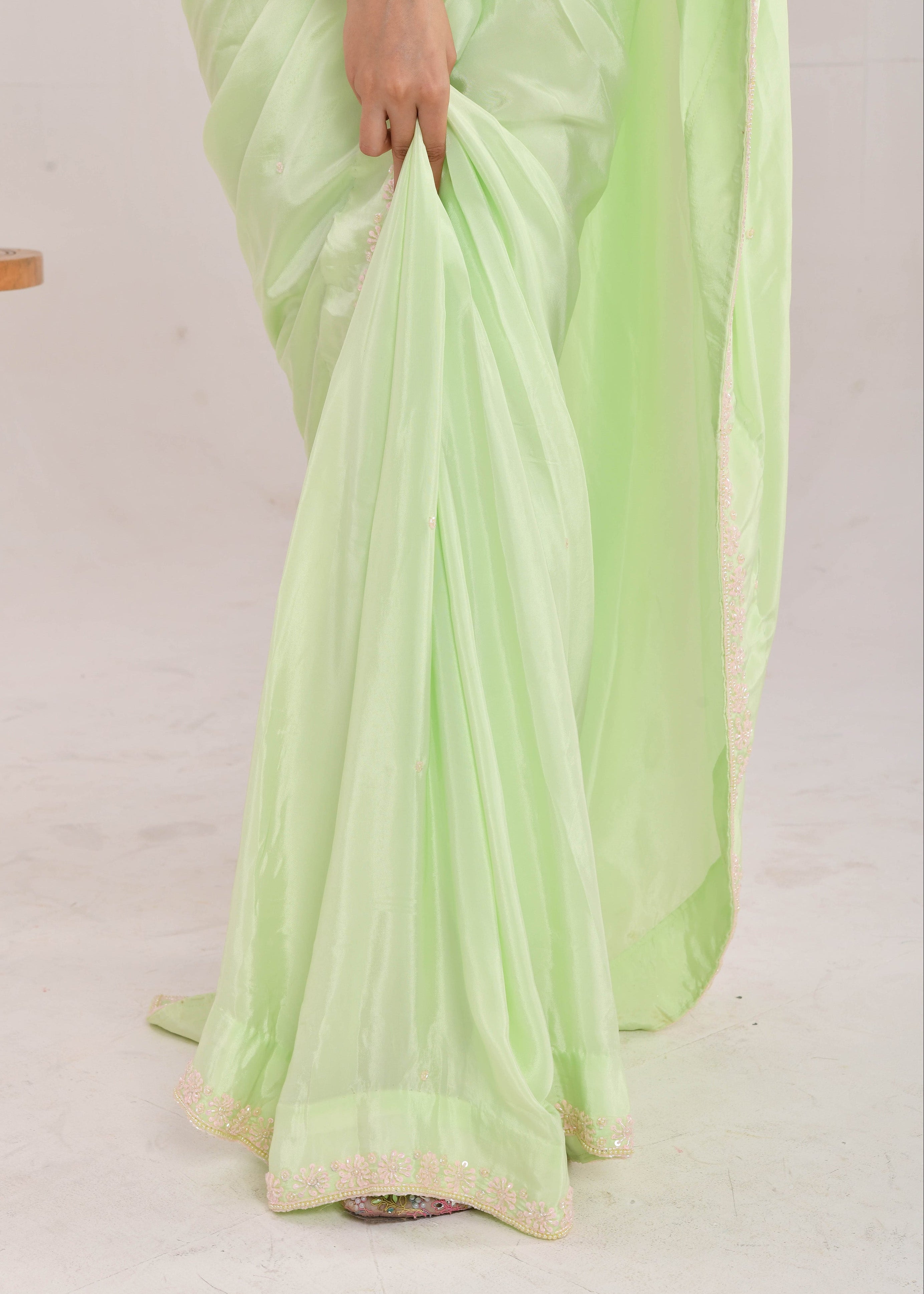 Mint Green Hand-Embroidered Georgette Saree