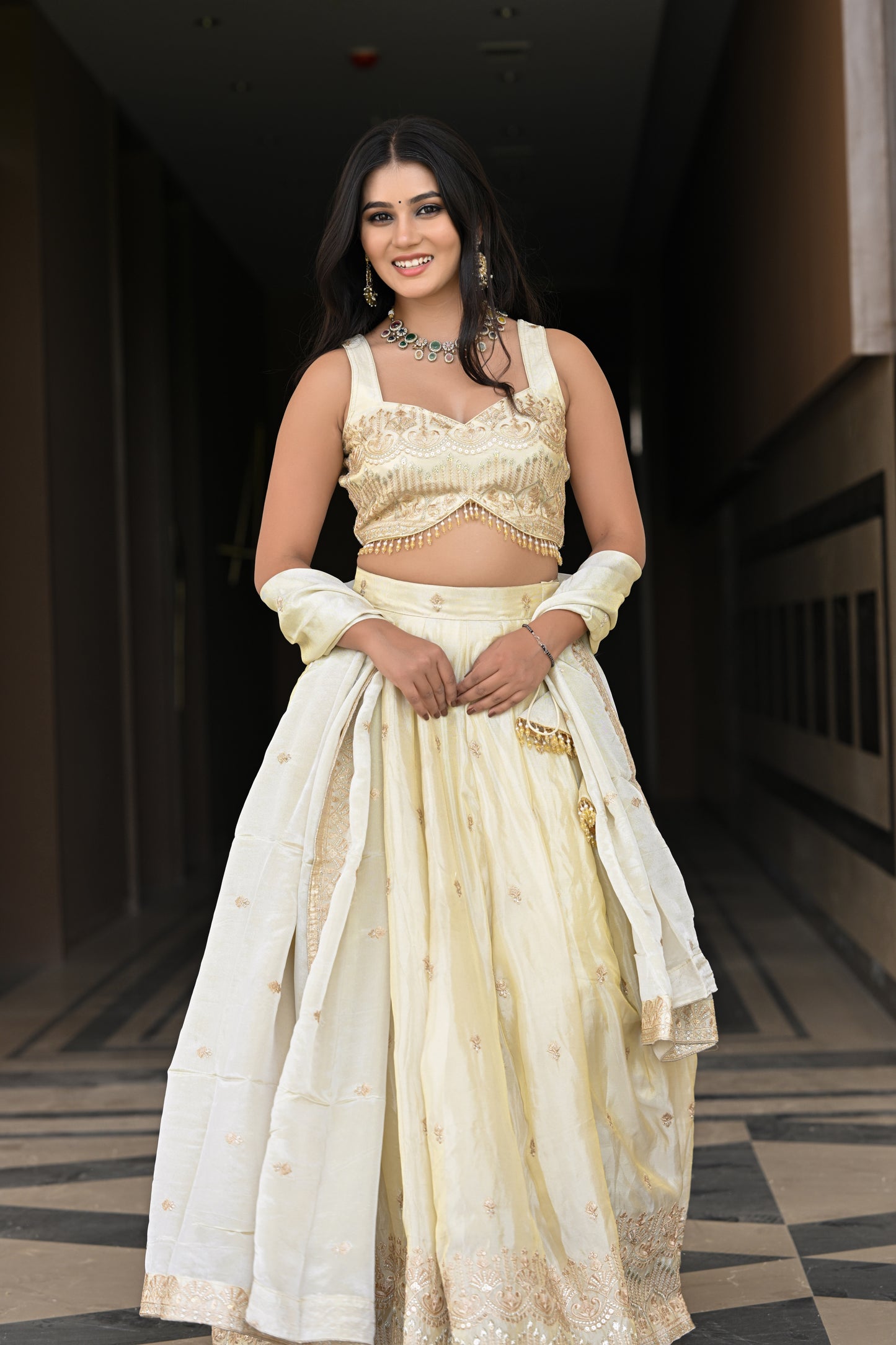 Off-White and Beige Embroidered Silk Lehenga