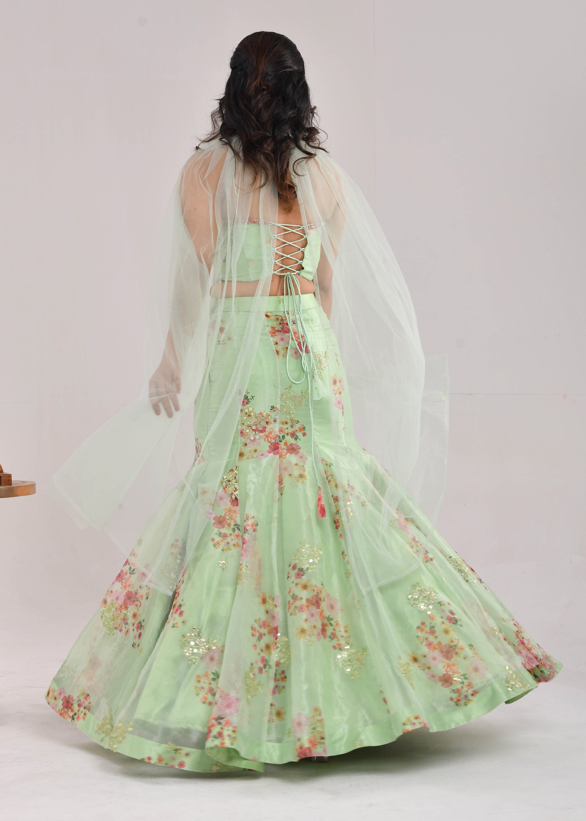 Mint Green Floral Hand-Embroidered Glass Tissue Fishcut Lehenga