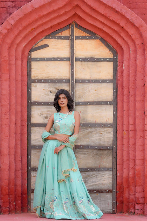 Mint Embroidered Silk Lehenga