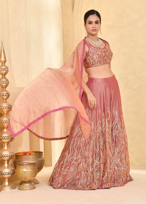 Rust Peach Hand-Embroidered Tissue Lehenga