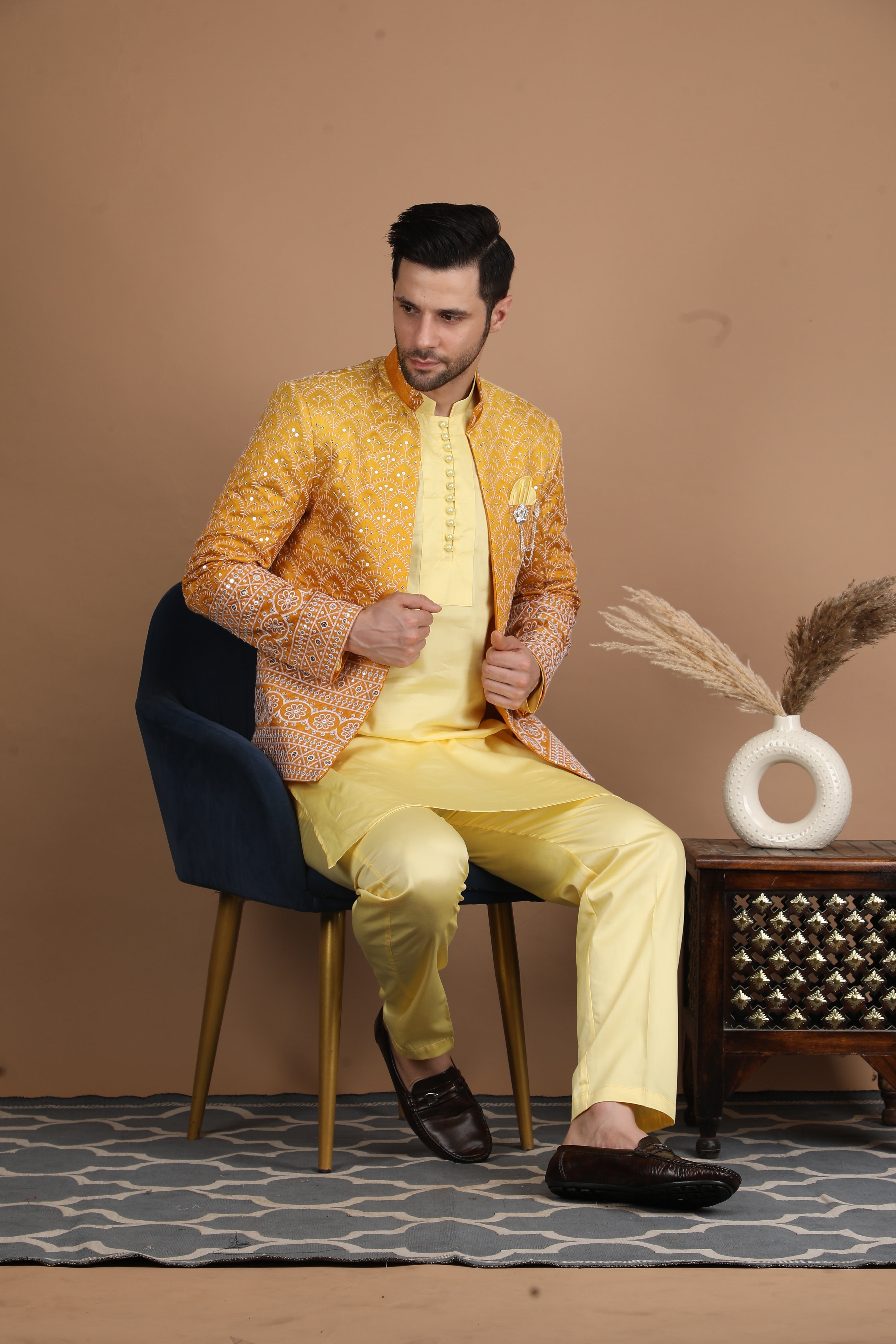 Yellow and Gold Silk Nehru Jacket Set