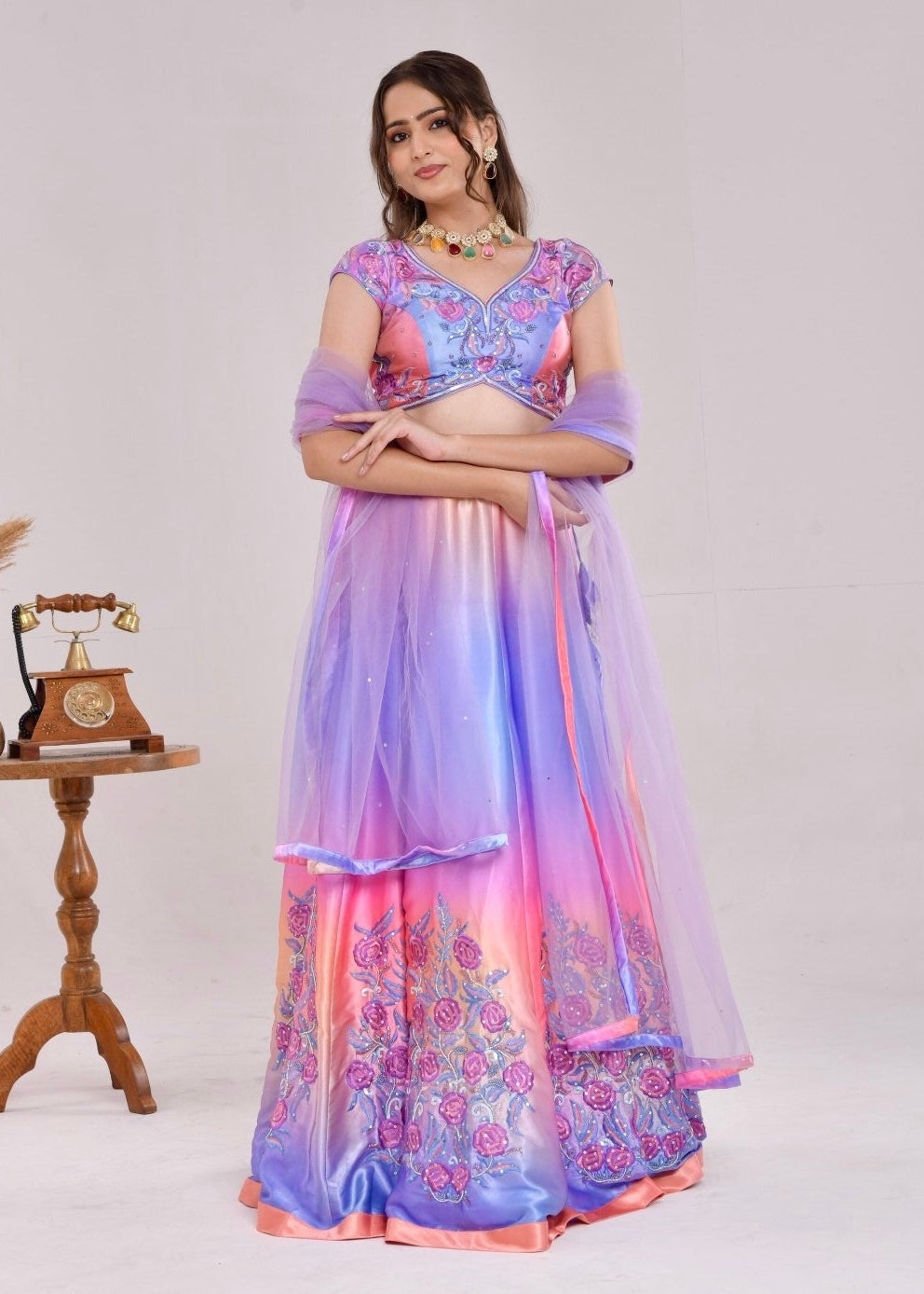 Multicolor Floral Hand-Embroidered Satin Silk Lehenga