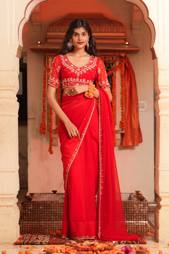 Red Handwork Georgette Saree