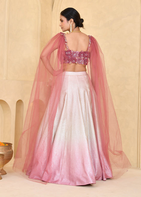 Tricolor Hand-Embroidered Shimmer Lycra Lehenga