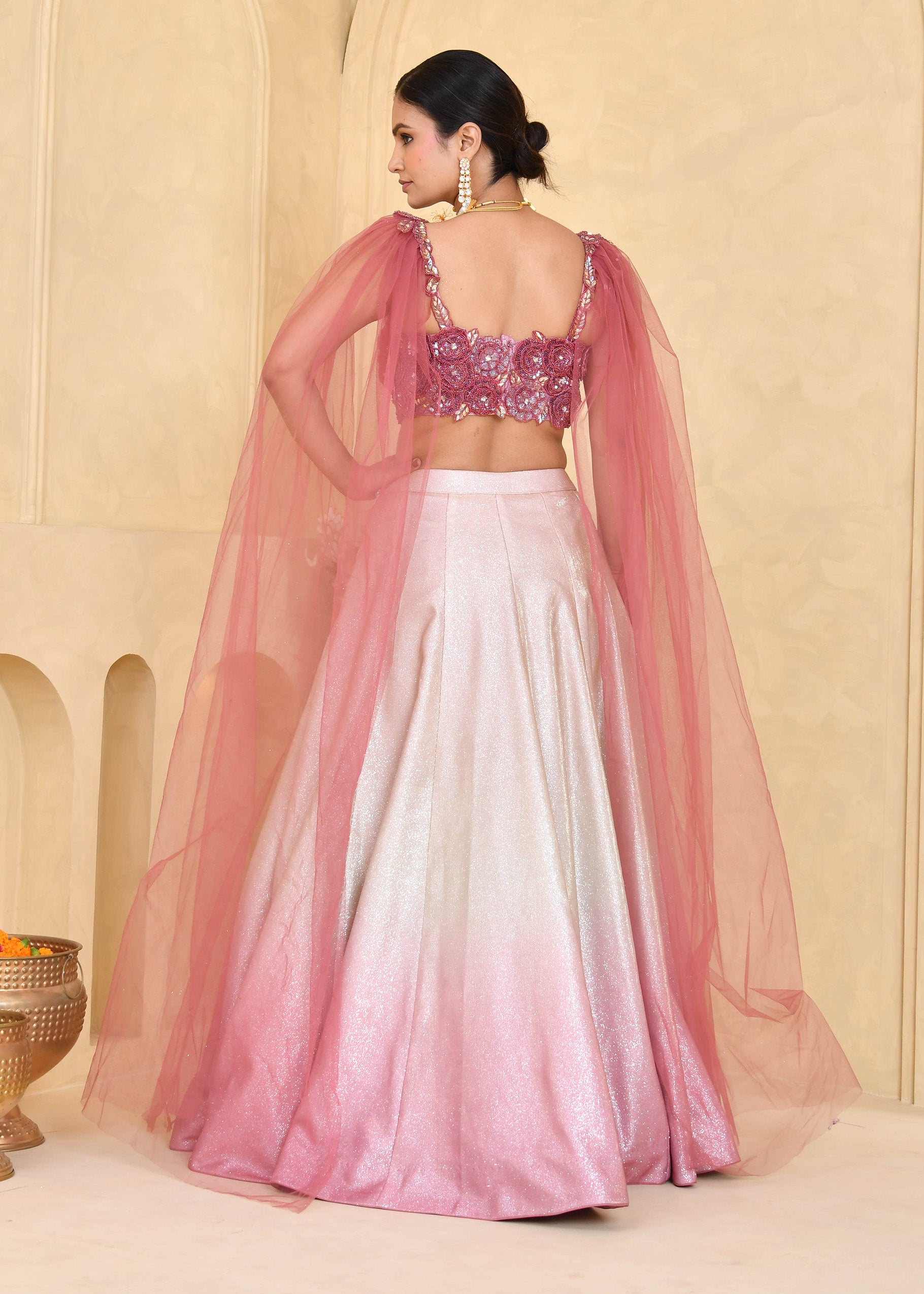 Tricolor Hand-Embroidered Shimmer Lycra Lehenga