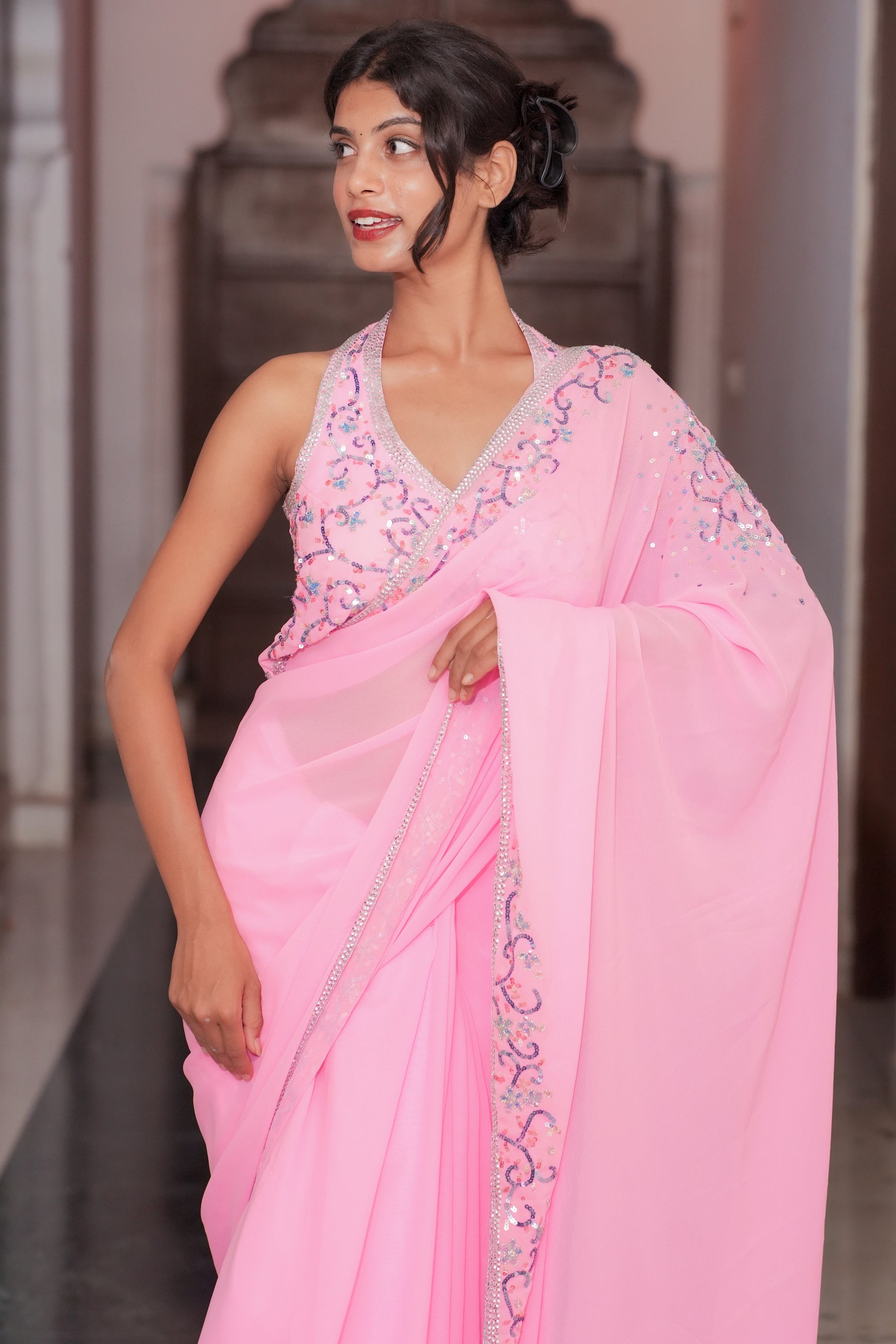 Pink Embroidered Georgette Saree