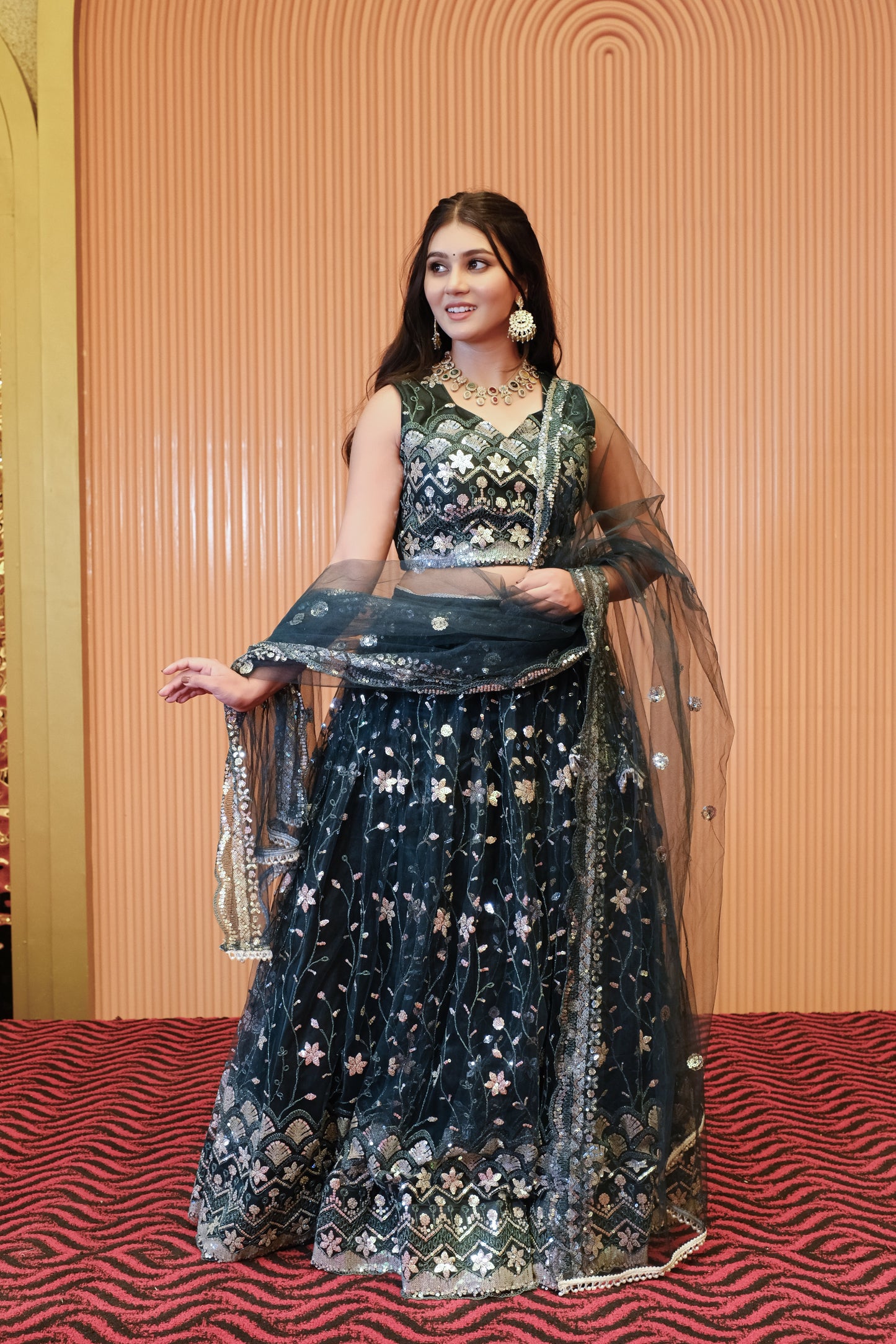 Dark Teal Sparkle Embroidered Net Lehenga