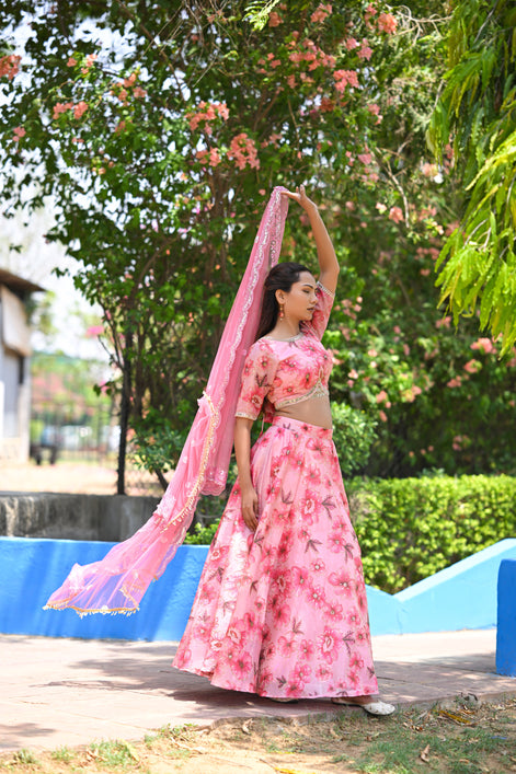 Pink Multicolor Floral Embellished Organza Lehenga