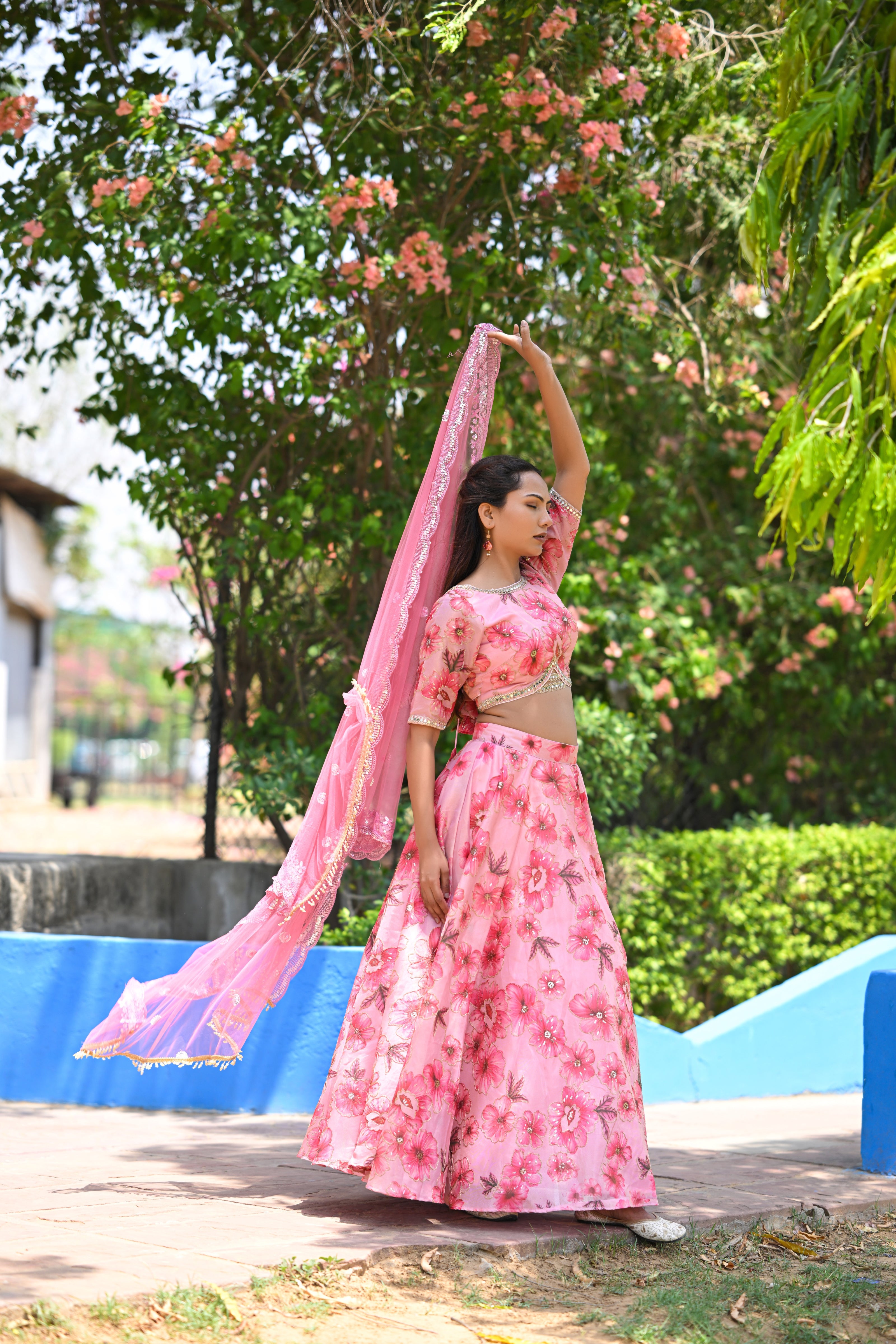 Pink Multicolor Floral Embellished Organza Lehenga