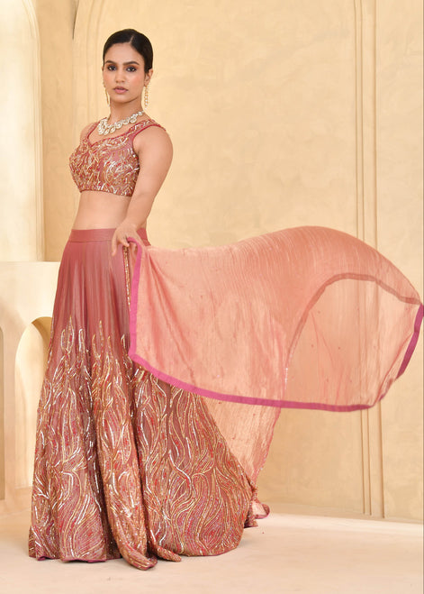 Rust Peach Hand-Embroidered Tissue Lehenga
