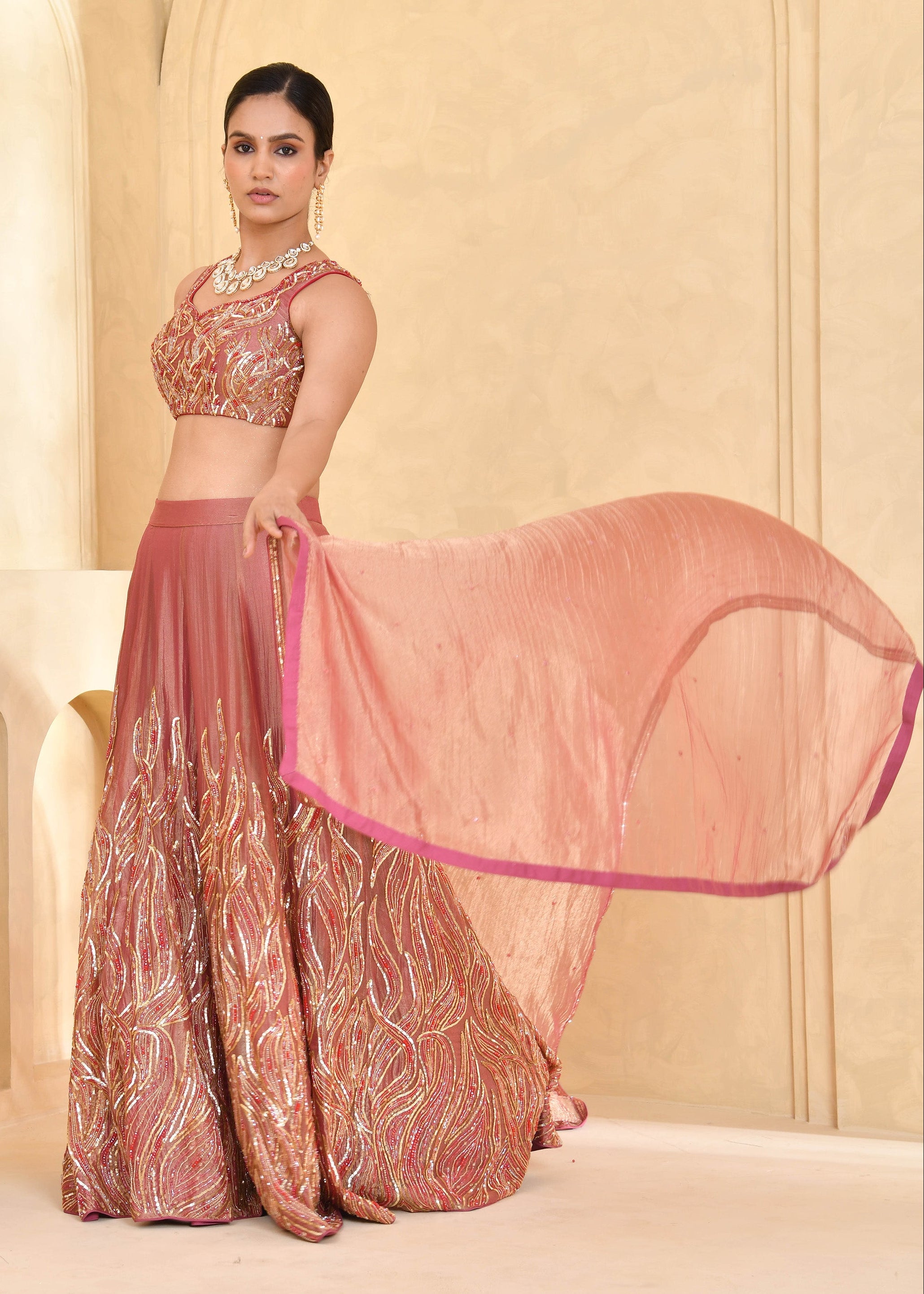 Rust Peach Hand-Embroidered Tissue Lehenga