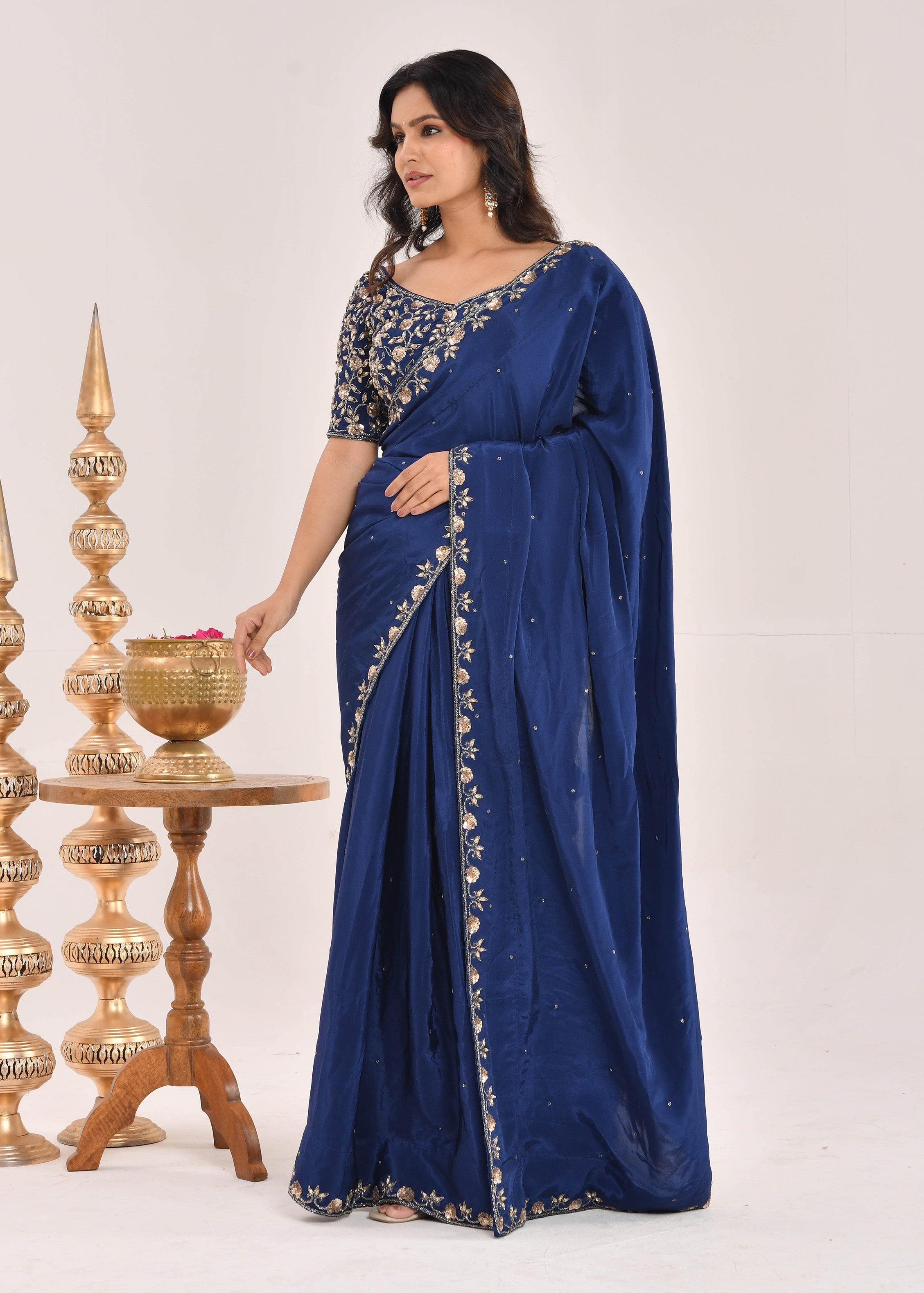 Dark Blue Hand-Embroidered Silk Saree