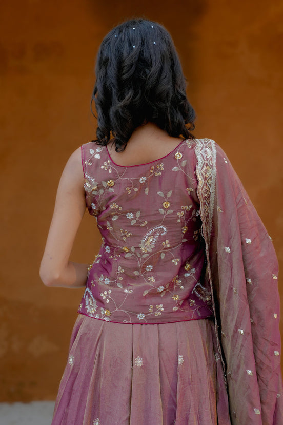 Purple Hand Embroidery Silk Lehenga