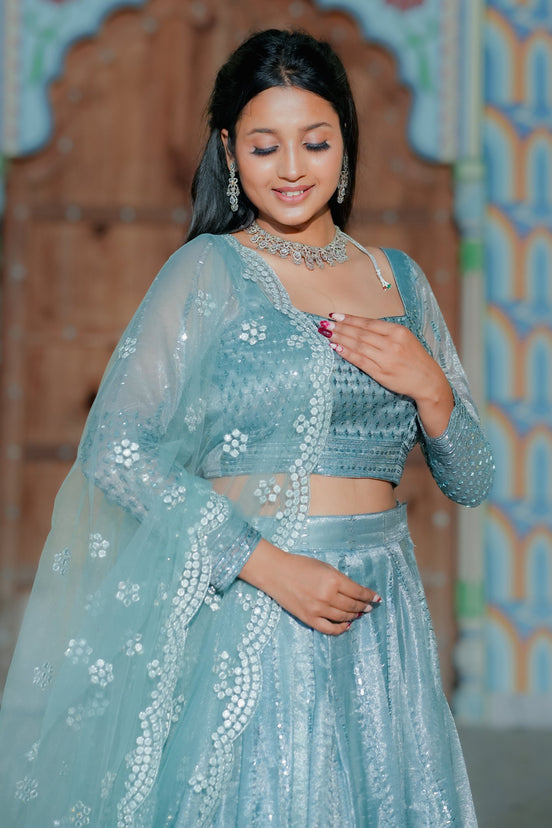 Light Blue Embroidered Chiffon Lehenga