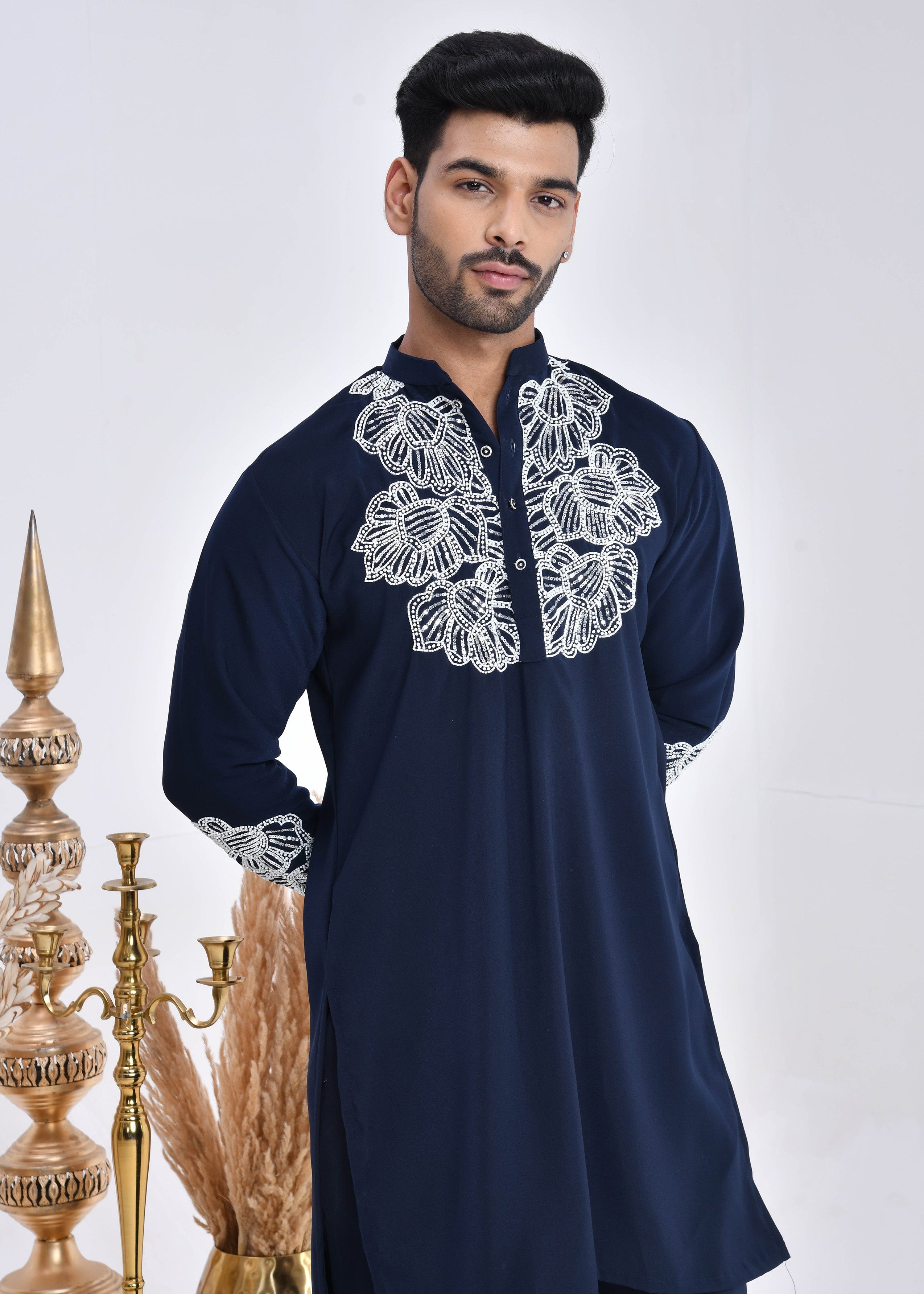 Navy Blue Hand-Embroidered Japanese Satin Kurta Set