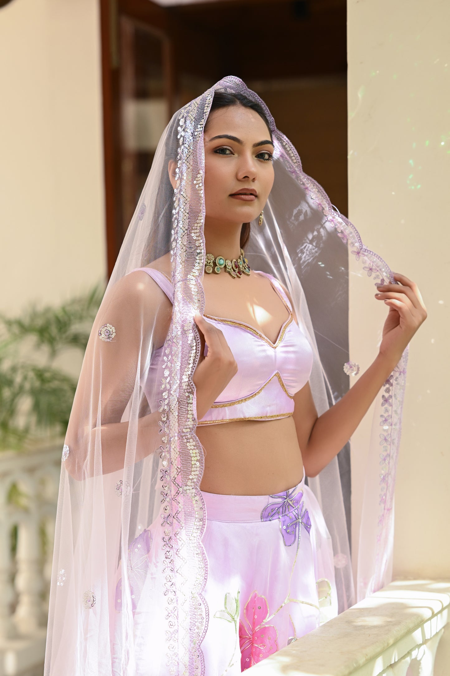 Lavender Multicolor Floral Embroidered Organza Lehenga