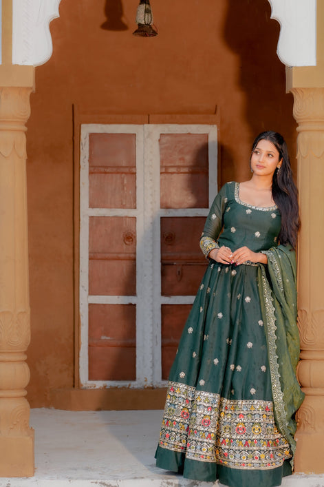 Green Embroidered Georgette Lehenga