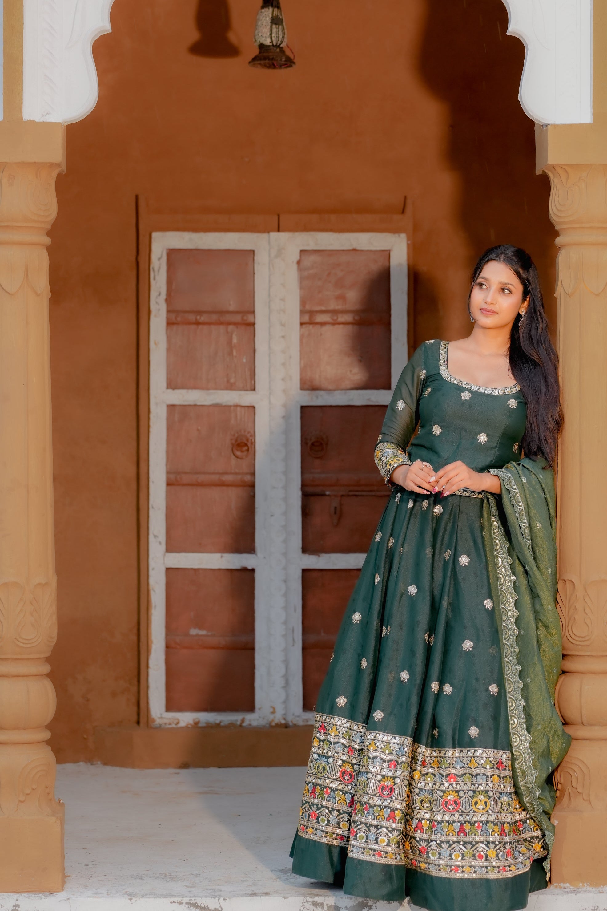 Green Embroidered Georgette Lehenga